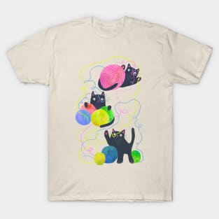 Super Cute Black Cats Design: Playful Yarn Kitties Delight T-Shirt